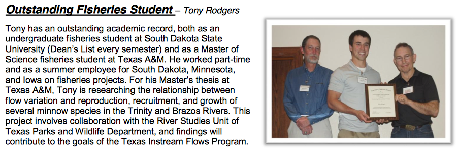 Tony Rodger was awarded the Outstanding Fisheries Student Award